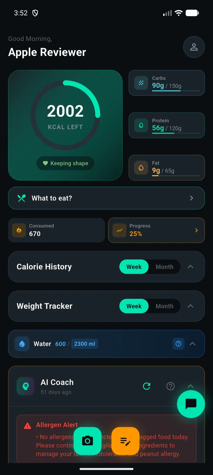 PlateIQ dashboard showing the calorie ring with 2002 kcal left and macro progress cards.
