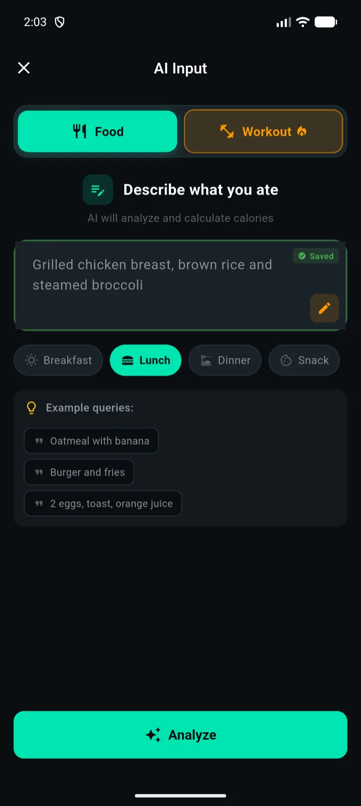 PlateIQ text and voice logging screen where you describe what you ate, with a voice mic and example queries.