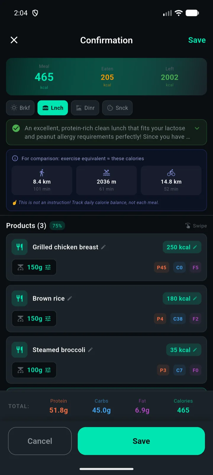 PlateIQ AI analysis result: a meal split into grilled chicken, brown rice and broccoli with per-item calories and macros, totaling 465 kcal and 51.8 g protein.