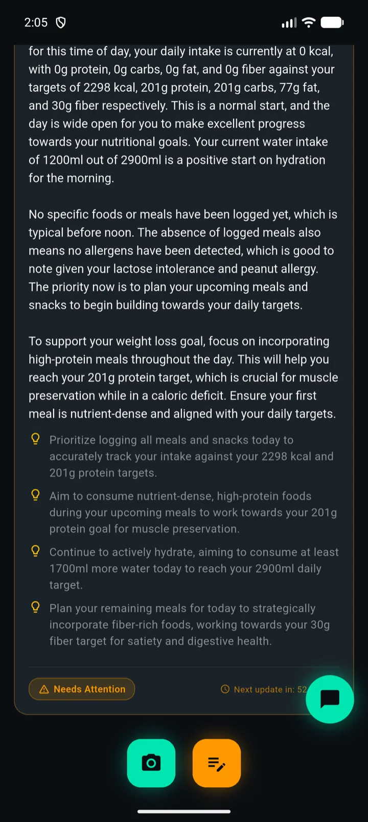 PlateIQ AI Coach recommendations: itemized actions for protein, hydration and meal planning.