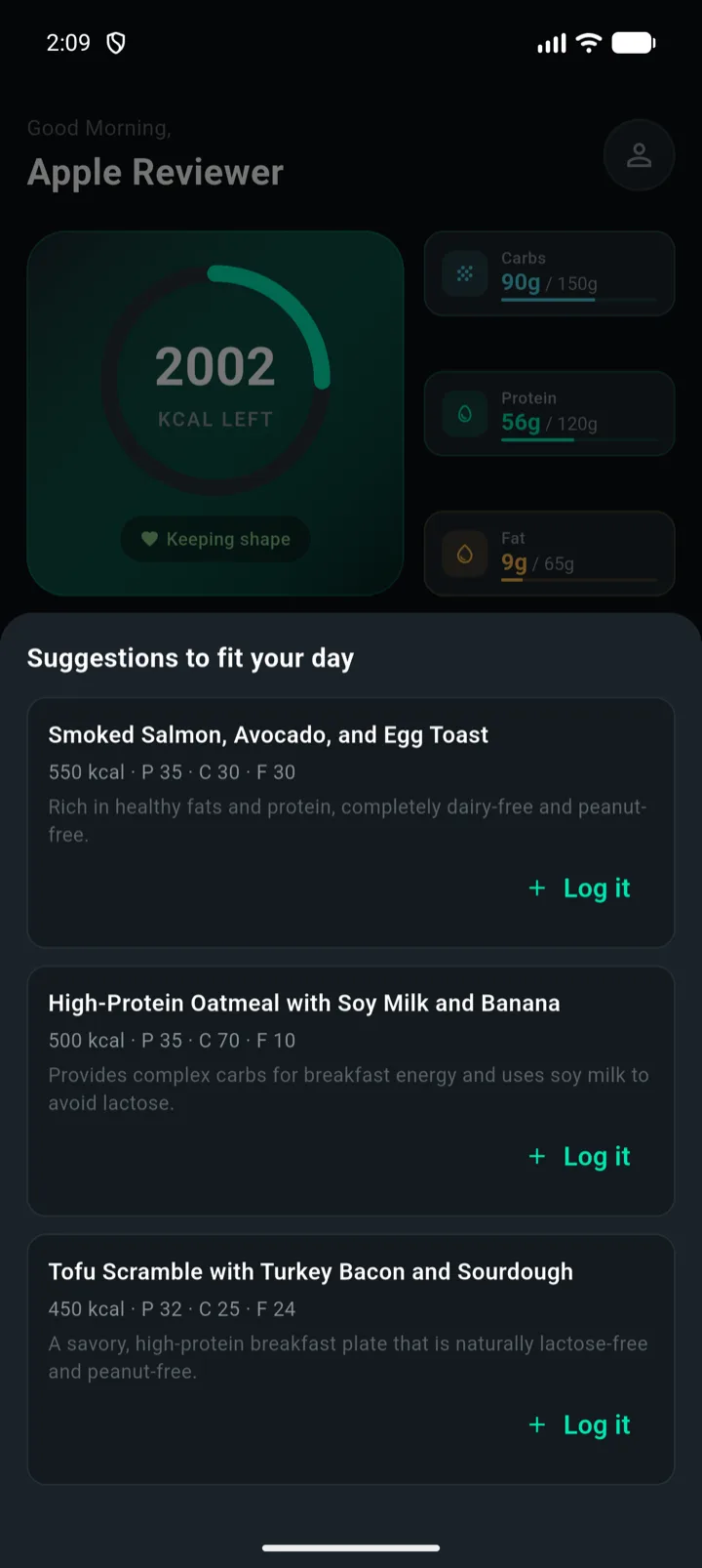 PlateIQ What to eat suggestions: allergen-aware meal ideas that fit your remaining macros, each with calories and a one-tap log button.