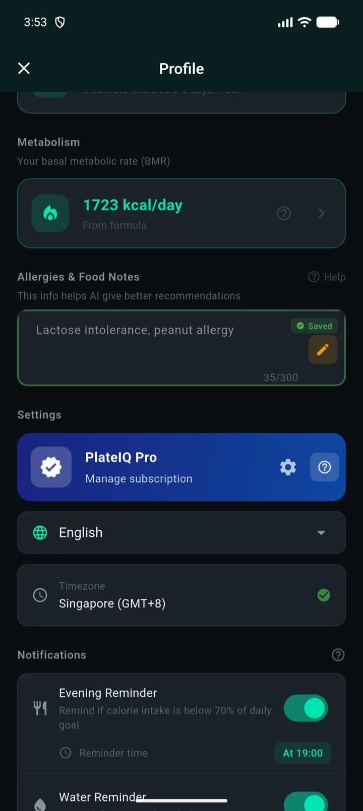 PlateIQ metabolism and personalization screen with BMR, an allergies and food-notes section for lactose and peanut, plus language settings.